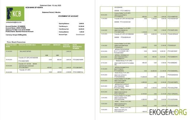 Modèle Word et PDF de relevé de compte de la KCB Bank du Kenya, 2 pages